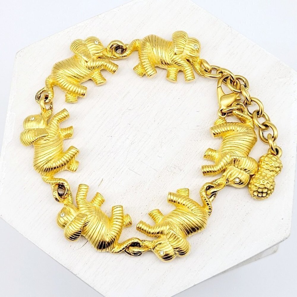 Bob Mackie Elephants On Parade Bracelet Rich Satin Gold 6.5"-8" Rhinestone Eyes